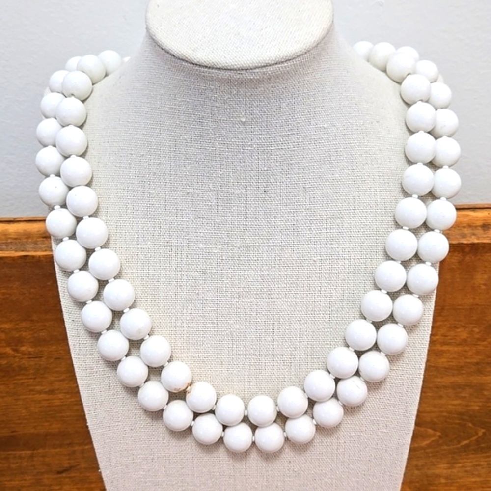 Vintage White Acrylic Bead Necklace Sterling Silver Box Clasp